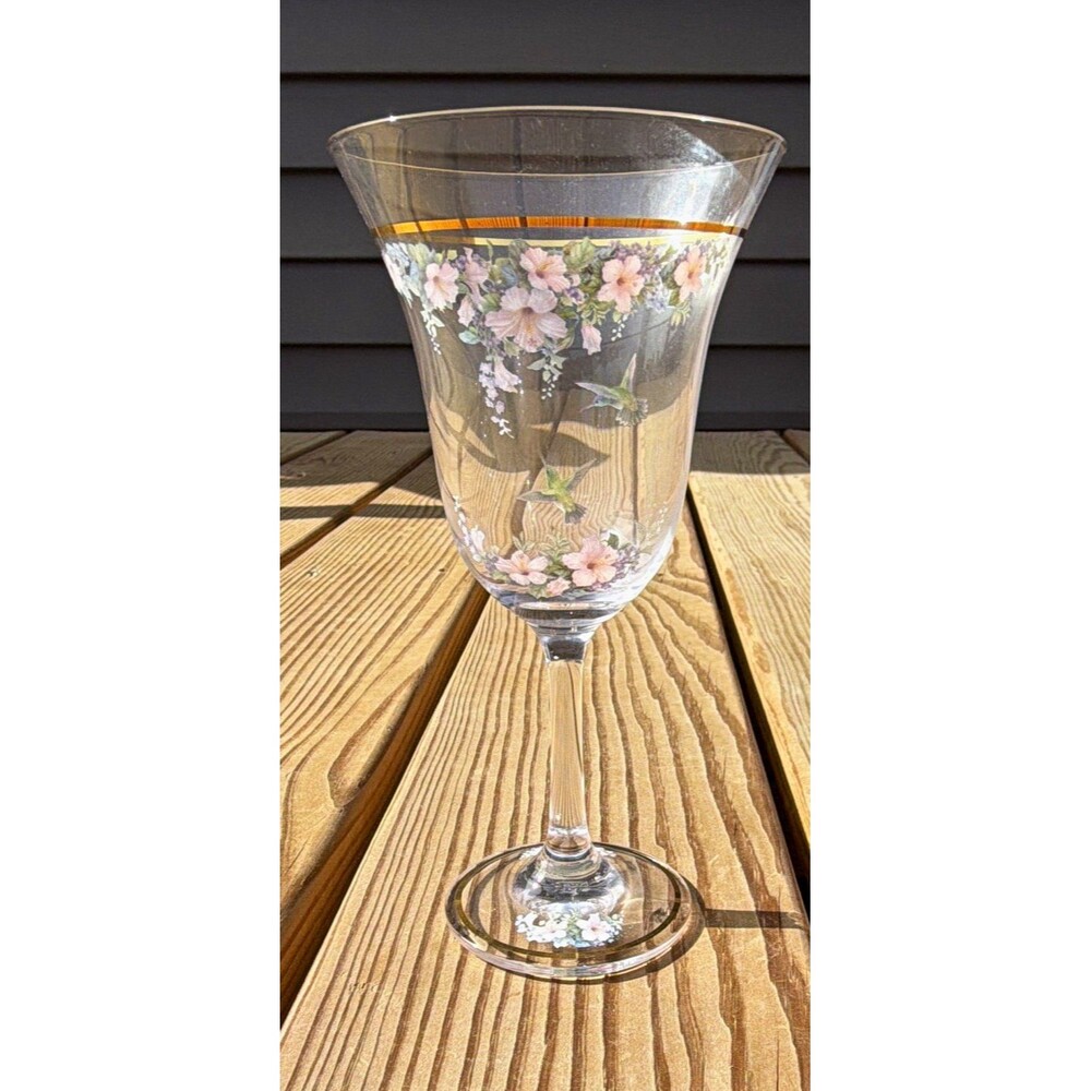 Lena Liu? Clear Glass Wine Glass Pink Green Floral Hummingbird Gold Trim